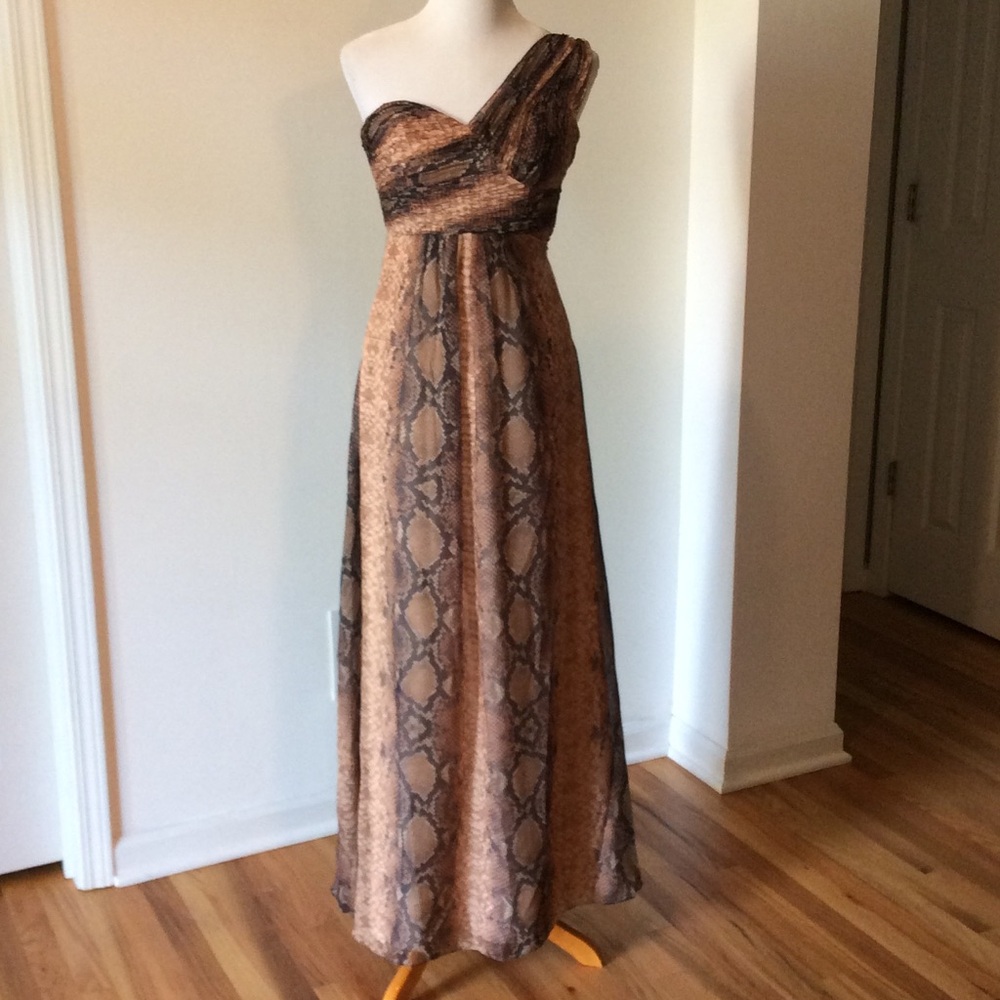 Ted Baker One-Shoulder Maxi Dress in Brown and Tan Snake Print